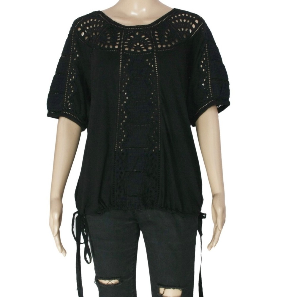 Anthropologie Vanessa Virginia Black Boho Crochet Lace Top XS‎ Drawstring Hem